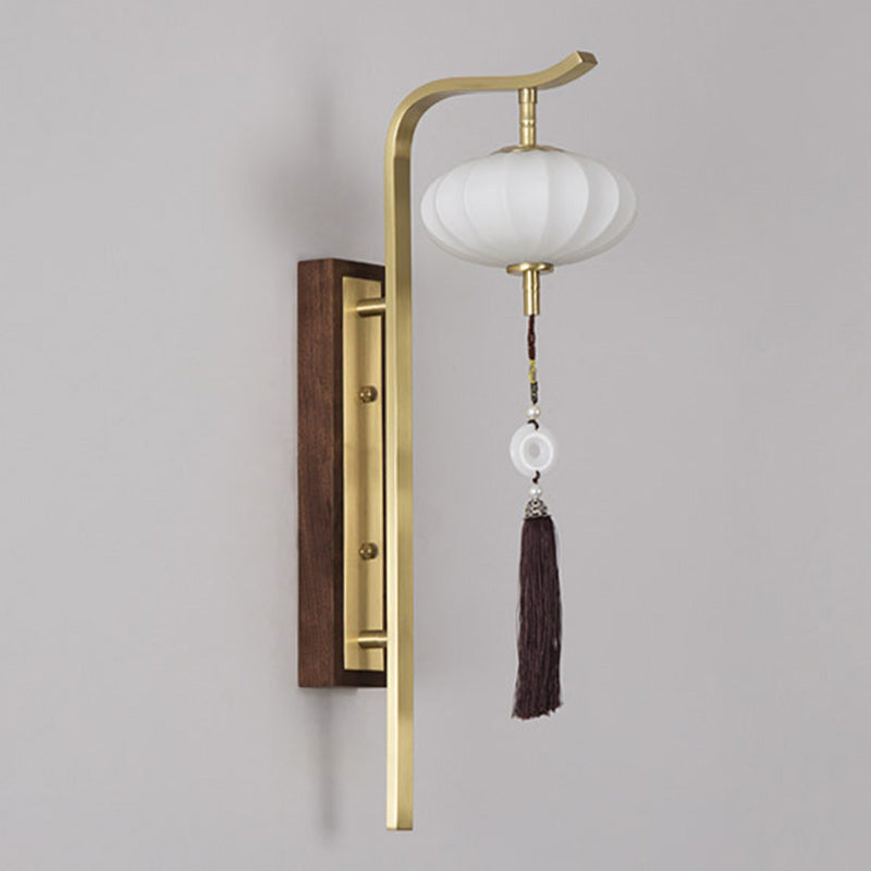 Traditional Chinese Oval Lantern Copper Walnut Lampshade 1 - Light Wall Sconce Lamp For Living Room