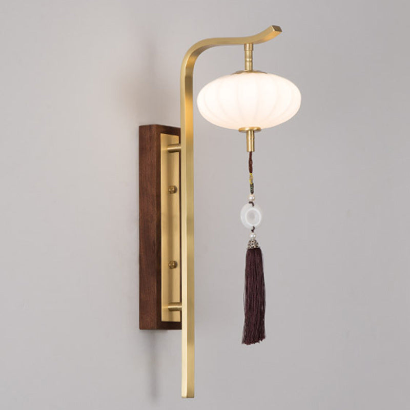 Traditional Chinese Oval Lantern Copper Walnut Lampshade 1 - Light Wall Sconce Lamp For Living Room