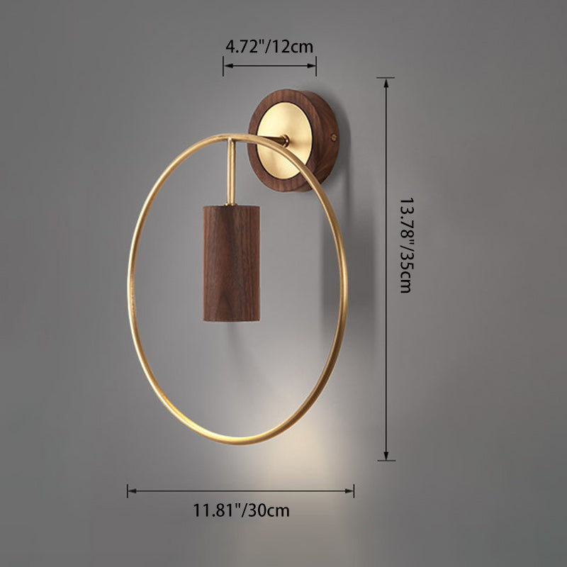 Traditional Chinese Circle Cylinder Copper Walnut Lampshade 1 - Light Wall Sconce Lamp For Living Room