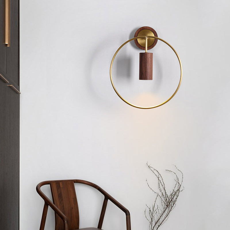 Traditional Chinese Circle Cylinder Copper Walnut Lampshade 1 - Light Wall Sconce Lamp For Living Room