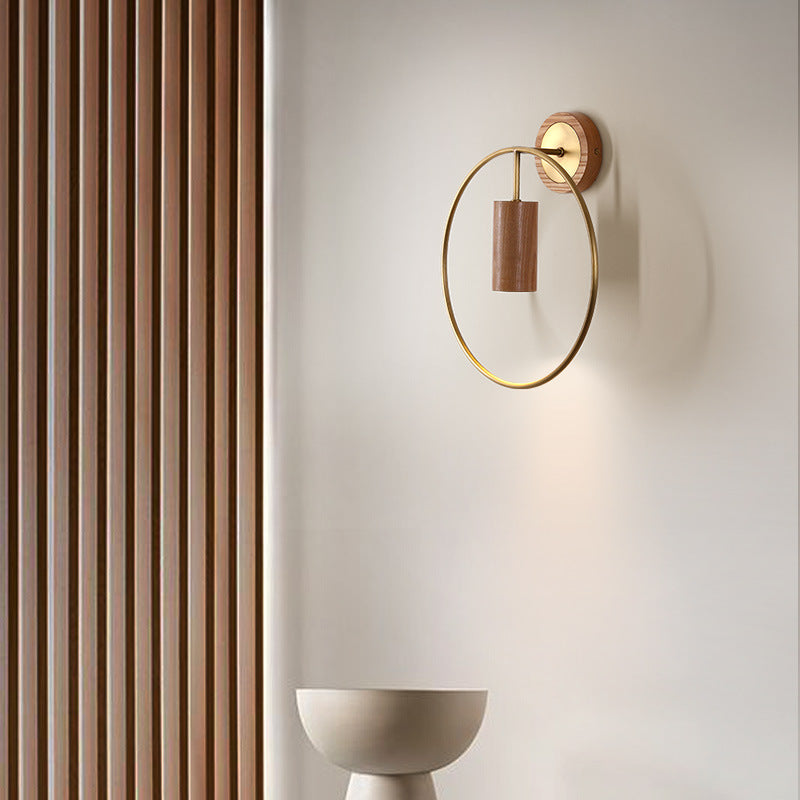 Traditional Chinese Circle Cylinder Copper Walnut Lampshade 1 - Light Wall Sconce Lamp For Living Room
