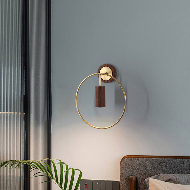 Traditional Chinese Circle Cylinder Copper Walnut Lampshade 1 - Light Wall Sconce Lamp For Living Room