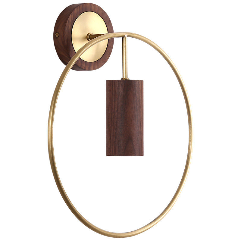 Traditional Chinese Circle Cylinder Copper Walnut Lampshade 1 - Light Wall Sconce Lamp For Living Room