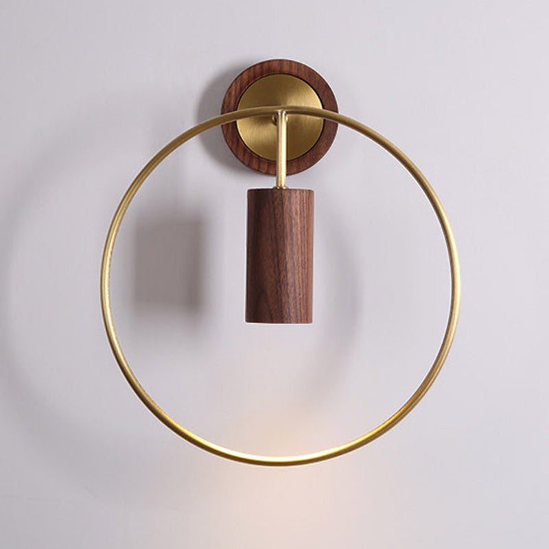 Traditional Chinese Circle Cylinder Copper Walnut Lampshade 1 - Light Wall Sconce Lamp For Living Room