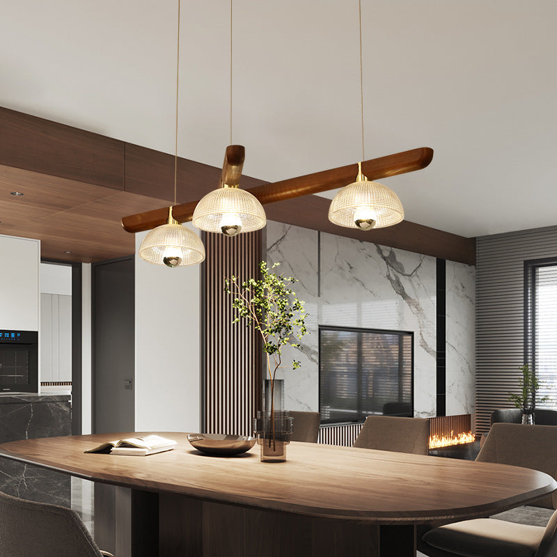 Traditional Japanese Semicircle Solid Wood Glass 3 - Light Chandelier For Dining Room