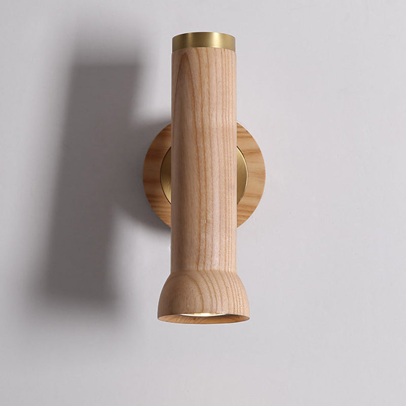 Traditional Japanese Cylindrical Flashlight Shape Copper Walnut Lampshade 1 - Light Wall Sconce Lamp For Living Room