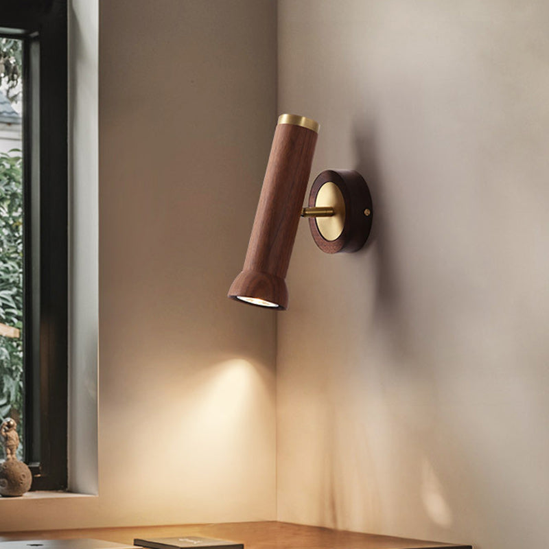 Traditional Japanese Cylindrical Flashlight Shape Copper Walnut Lampshade 1 - Light Wall Sconce Lamp For Living Room