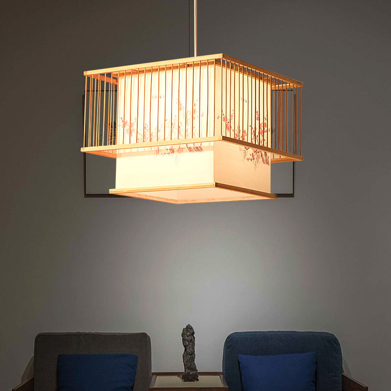 Traditional Japanese Square Cube Embroidery PVC Bamboo 1 - Light Chandelier For Dining Room