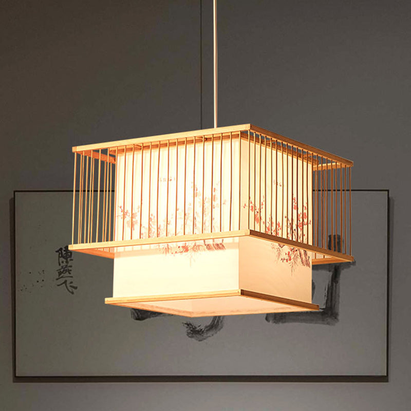 Traditional Japanese Square Cube Embroidery PVC Bamboo 1 - Light Chandelier For Dining Room