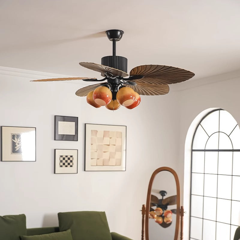 Traditional French Banana Leaves ABS Fan Round Glass Lampshade Iron 5 - Light Downrods Ceiling Fan Light For Living Room