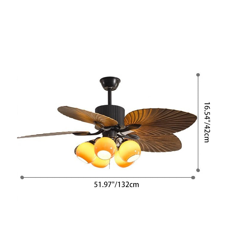 Traditional French Banana Leaves ABS Fan Round Glass Lampshade Iron 5 - Light Downrods Ceiling Fan Light For Living Room