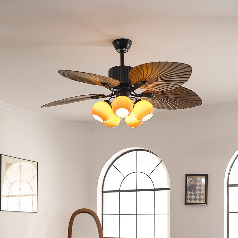 Traditional French Banana Leaves ABS Fan Round Glass Lampshade Iron 5 - Light Downrods Ceiling Fan Light For Living Room