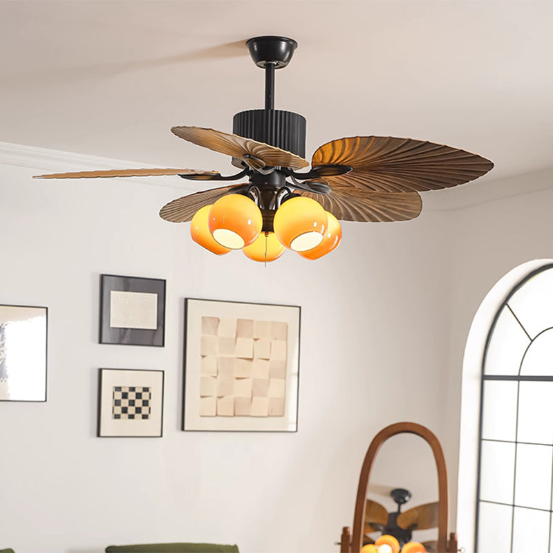 Traditional French Banana Leaves ABS Fan Round Glass Lampshade Iron 5 - Light Downrods Ceiling Fan Light For Living Room