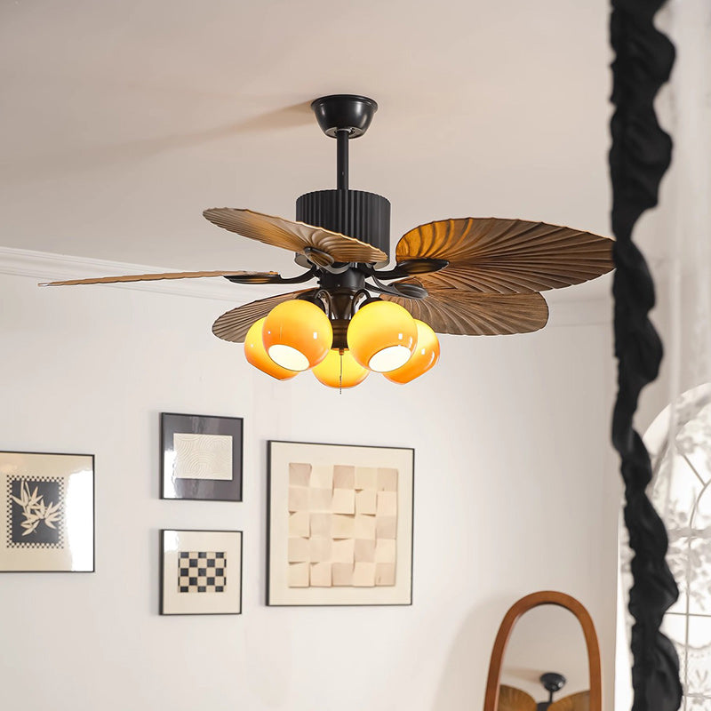 Traditional French Banana Leaves ABS Fan Round Glass Lampshade Iron 5 - Light Downrods Ceiling Fan Light For Living Room