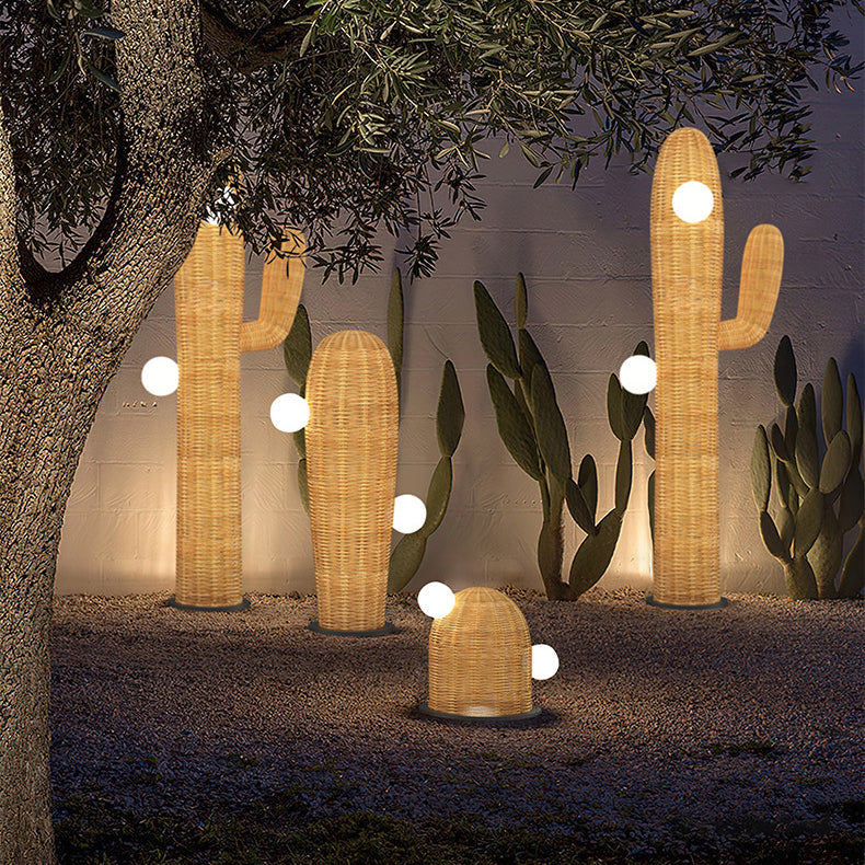 Contemporary Creative Cactus Waterproof Rubber Rattan Stainless Steel 2 - Light Standing Floor Lamp For Outdoor Patio