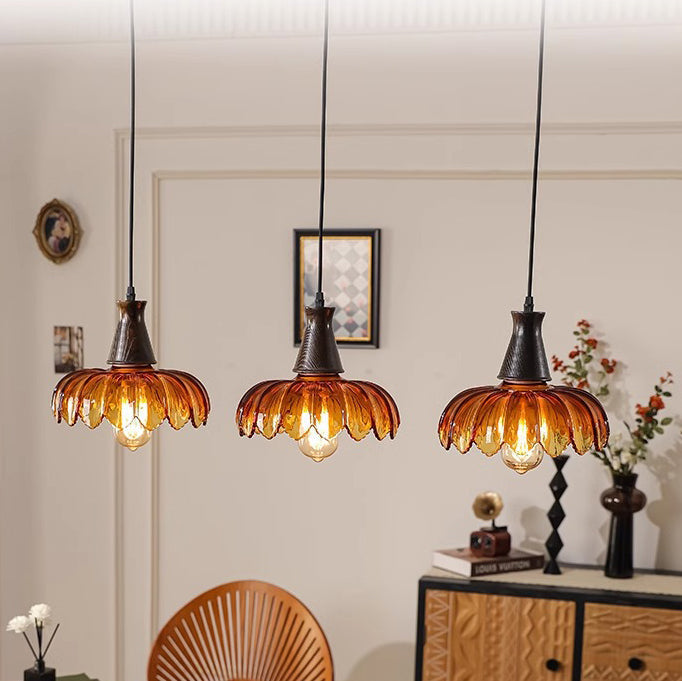 Traditional French Flower Linear Base Ash Glass 3 - Light Chandelier For Dining Room