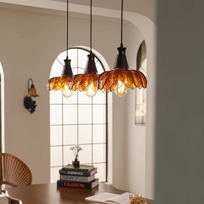 Traditional French Flower Linear Base Ash Glass 3 - Light Chandelier For Dining Room