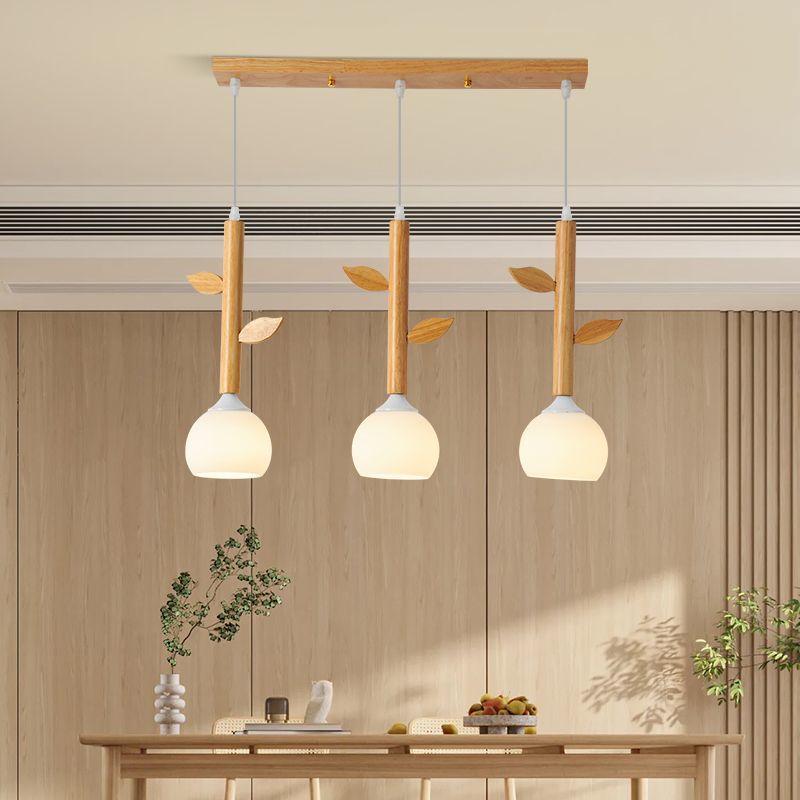 Traditional Japanese Branches Leaves Semicircle Rubber Wood Glass Iron 3 - Light Chandelier For Dining Room