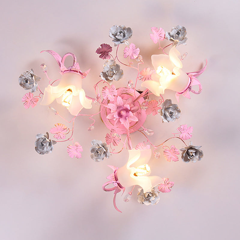 Contemporary Nordic Dome Branches Flowers Glass Crystal Iron 3 - Light Semi-Flush Mount Ceiling Light For Bedroom