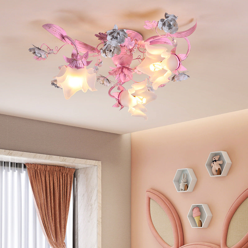Contemporary Nordic Dome Branches Flowers Glass Crystal Iron 3 - Light Semi-Flush Mount Ceiling Light For Bedroom