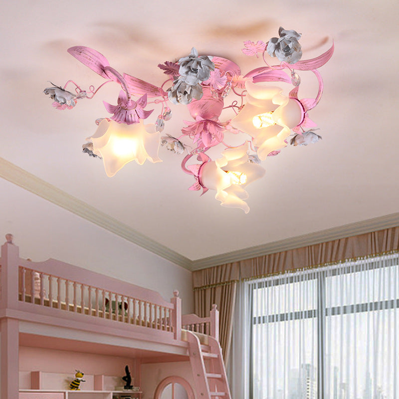 Contemporary Nordic Dome Branches Flowers Glass Crystal Iron 3 - Light Semi-Flush Mount Ceiling Light For Bedroom