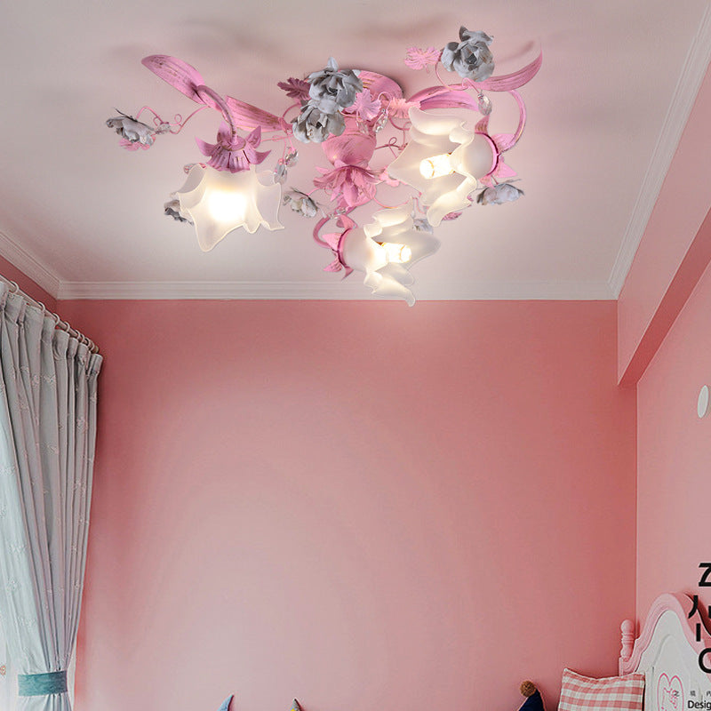 Contemporary Nordic Dome Branches Flowers Glass Crystal Iron 3 - Light Semi-Flush Mount Ceiling Light For Bedroom