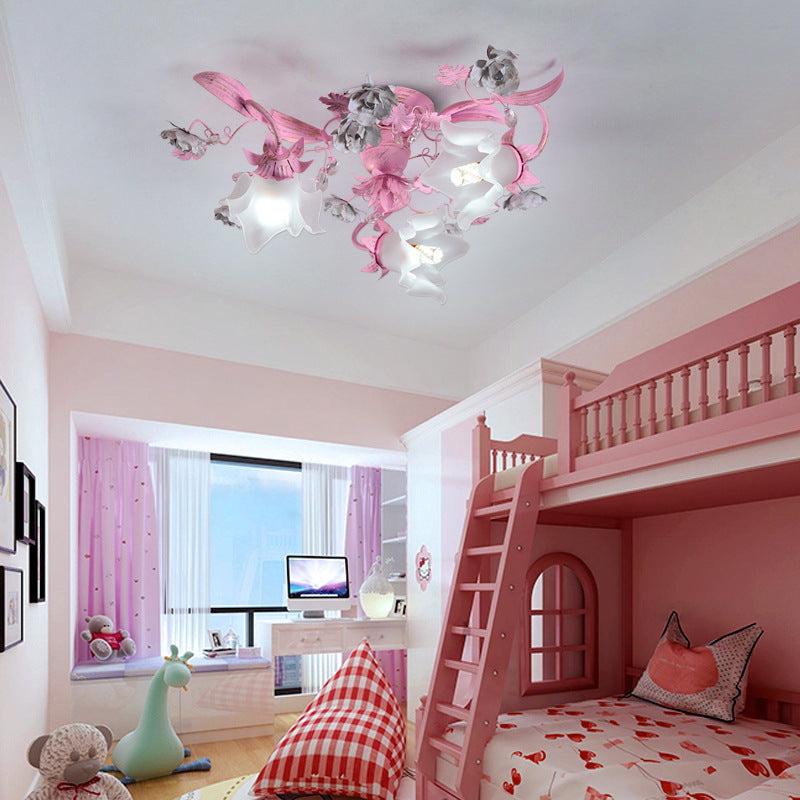 Contemporary Nordic Dome Branches Flowers Glass Crystal Iron 3 - Light Semi-Flush Mount Ceiling Light For Bedroom