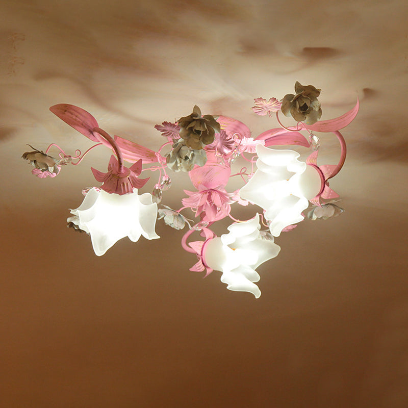 Contemporary Nordic Dome Branches Flowers Glass Crystal Iron 3 - Light Semi-Flush Mount Ceiling Light For Bedroom