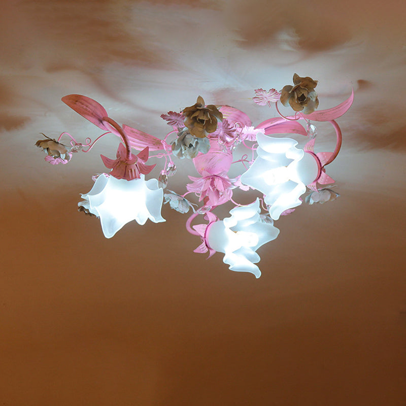 Contemporary Nordic Dome Branches Flowers Glass Crystal Iron 3 - Light Semi-Flush Mount Ceiling Light For Bedroom