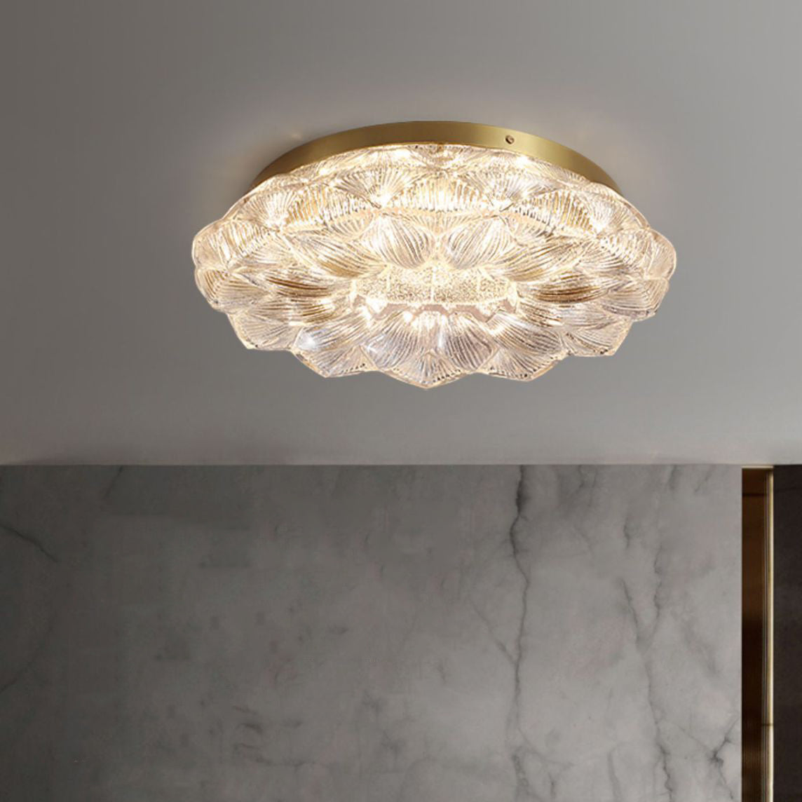 Contemporary Luxury Lotus Shape Stainless Steel Gold Leaf Copper Resin LED Semi-Flush Mount Ceiling Light For Living Room