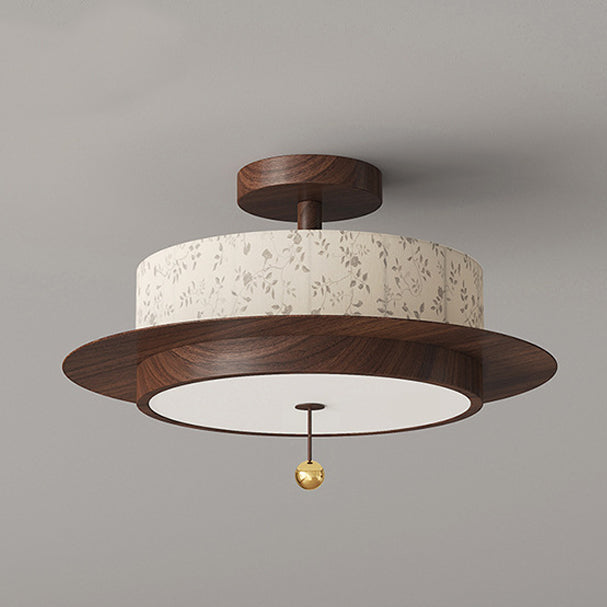 Traditional French Round Cylinder Flower Print Iron Fabric Wood LED Semi-Flush Mount Ceiling Light For Bedroom