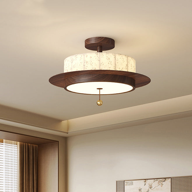 Traditional French Round Cylinder Flower Print Iron Fabric Wood LED Semi-Flush Mount Ceiling Light For Bedroom
