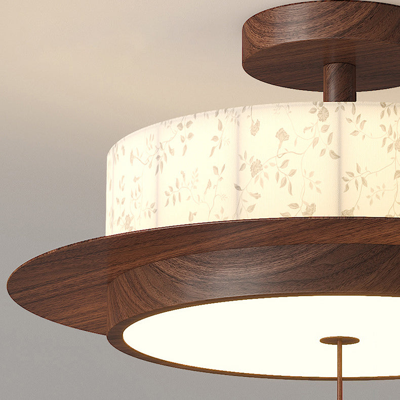 Traditional French Round Cylinder Flower Print Iron Fabric Wood LED Semi-Flush Mount Ceiling Light For Bedroom