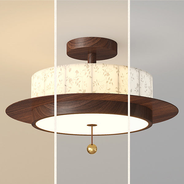 Traditional French Round Cylinder Flower Print Iron Fabric Wood LED Semi-Flush Mount Ceiling Light For Bedroom