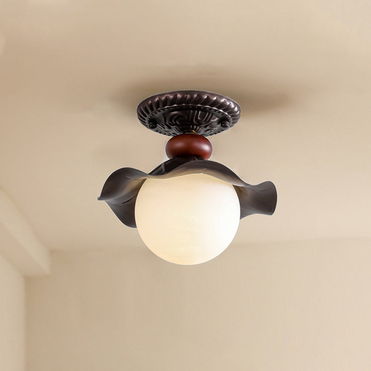 Traditional French Corrugated Edge Orb Iron Glass 1 - Light Semi-Flush Mount Ceiling Light For Hallways