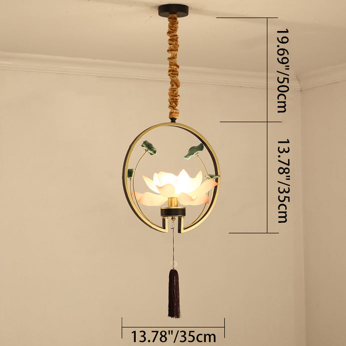 Traditional Chinese Round Lotus Iron Resin Ceramics 1 - Light Pendant Light For Dining Room