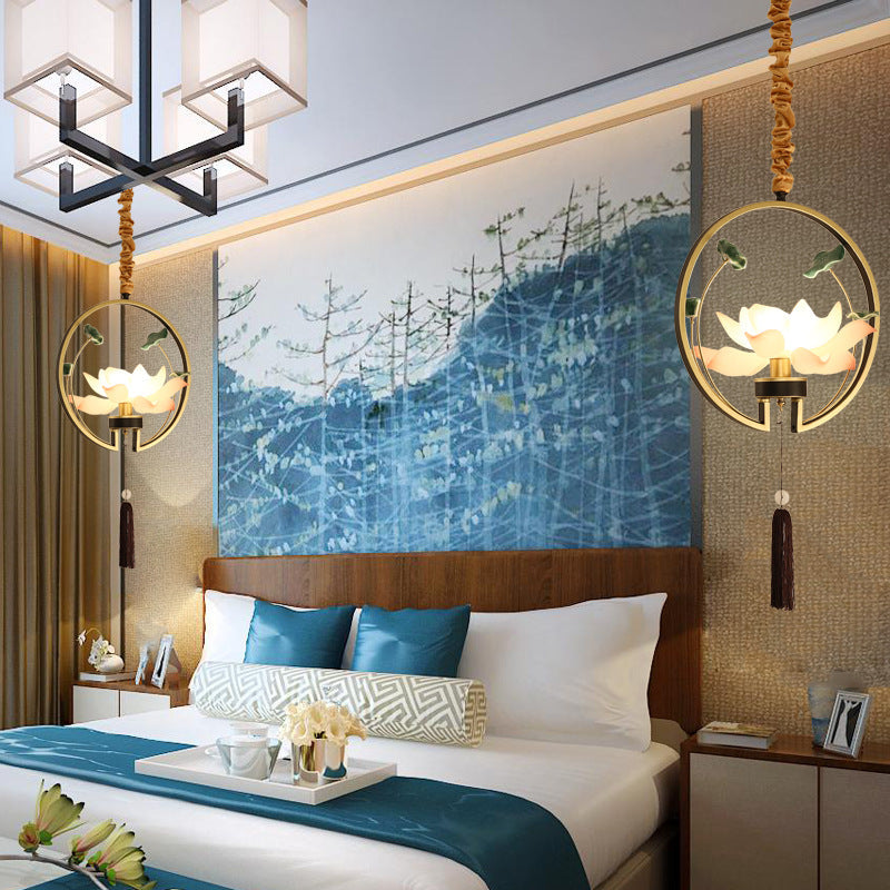 Traditional Chinese Round Lotus Iron Resin Ceramics 1 - Light Pendant Light For Dining Room