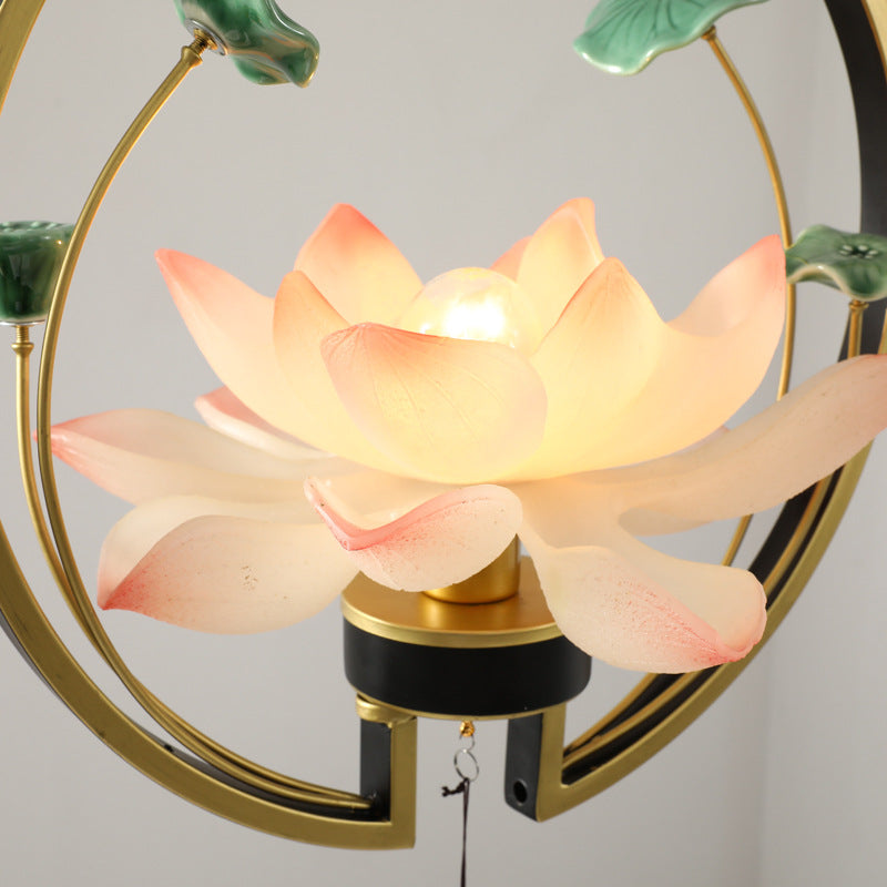 Traditional Chinese Round Lotus Iron Resin Ceramics 1 - Light Pendant Light For Dining Room