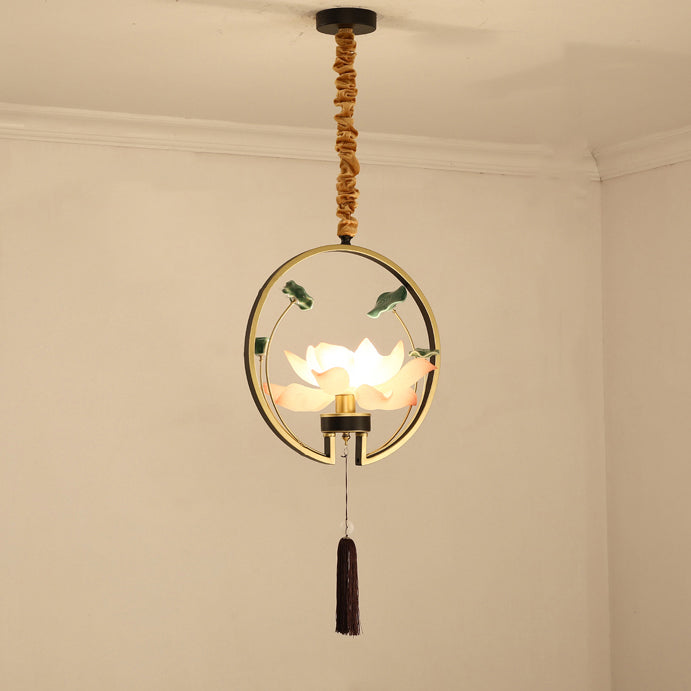 Traditional Chinese Round Lotus Iron Resin Ceramics 1 - Light Pendant Light For Dining Room