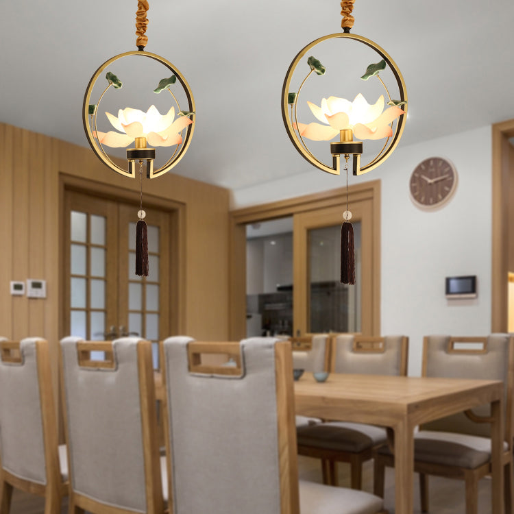 Traditional Chinese Round Lotus Iron Resin Ceramics 1 - Light Pendant Light For Dining Room