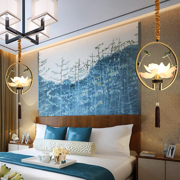 Traditional Chinese Round Lotus Iron Resin Ceramics 1 - Light Pendant Light For Dining Room