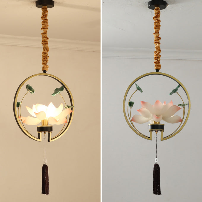 Traditional Chinese Round Lotus Iron Resin Ceramics 1 - Light Pendant Light For Dining Room