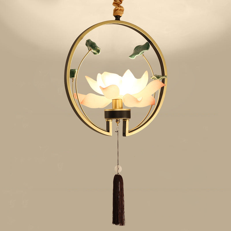 Traditional Chinese Round Lotus Iron Resin Ceramics 1 - Light Pendant Light For Dining Room