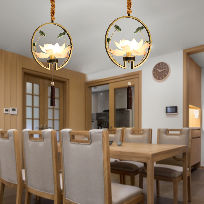 Traditional Chinese Round Lotus Iron Resin Ceramics 1 - Light Pendant Light For Dining Room