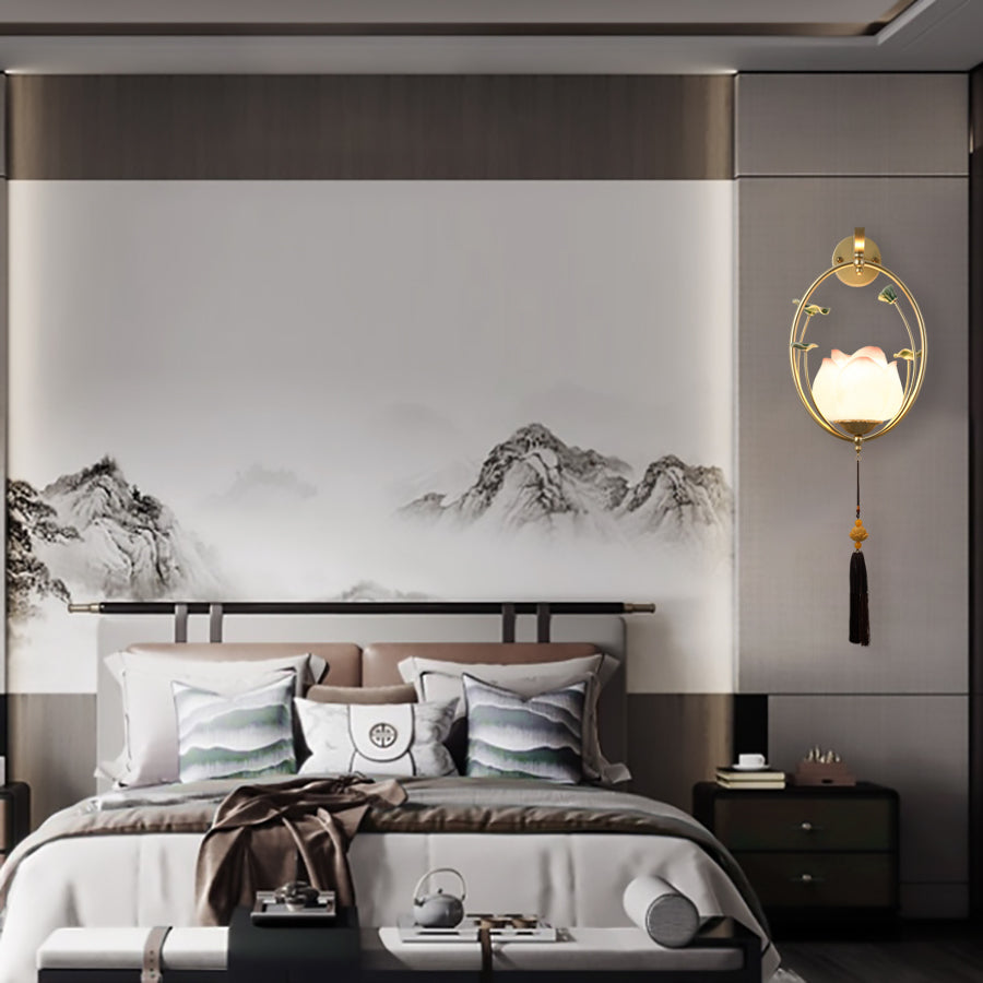 Traditional Chinese Round Lotus Resin Ceramics Iron 1 - Light Wall Sconce Lamp For Bedroom
