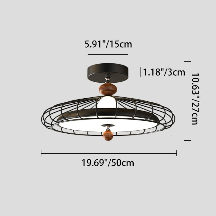 Traditional French Round Grille Iron Acrylic LED Semi-Flush Mount Ceiling Light For Bedroom