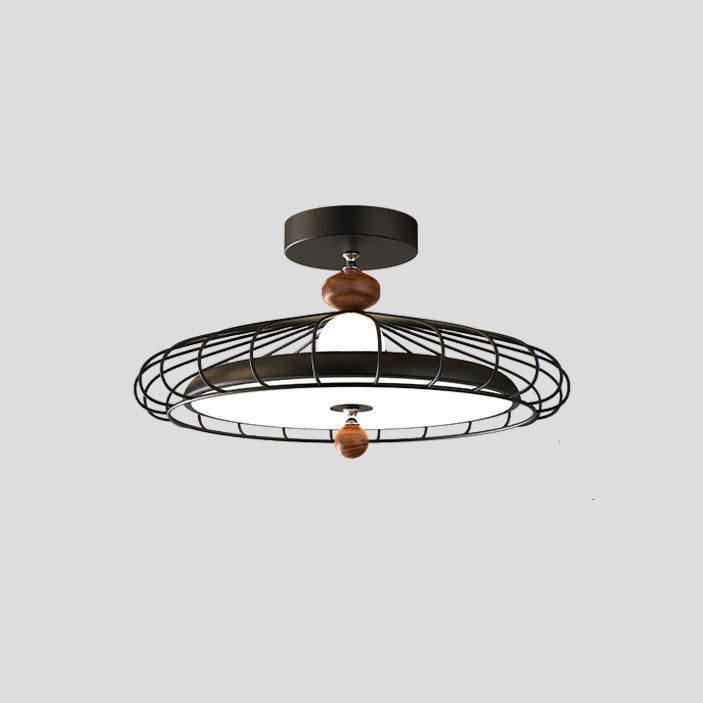 Traditional French Round Grille Iron Acrylic LED Semi-Flush Mount Ceiling Light For Bedroom