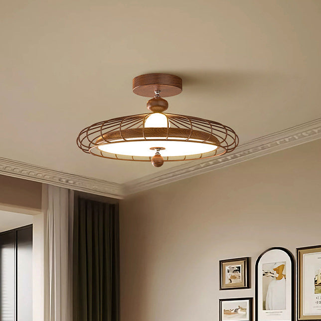 Traditional French Round Grille Iron Acrylic LED Semi-Flush Mount Ceiling Light For Bedroom