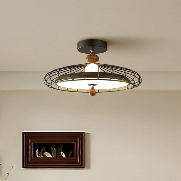 Traditional French Round Grille Iron Acrylic LED Semi-Flush Mount Ceiling Light For Bedroom