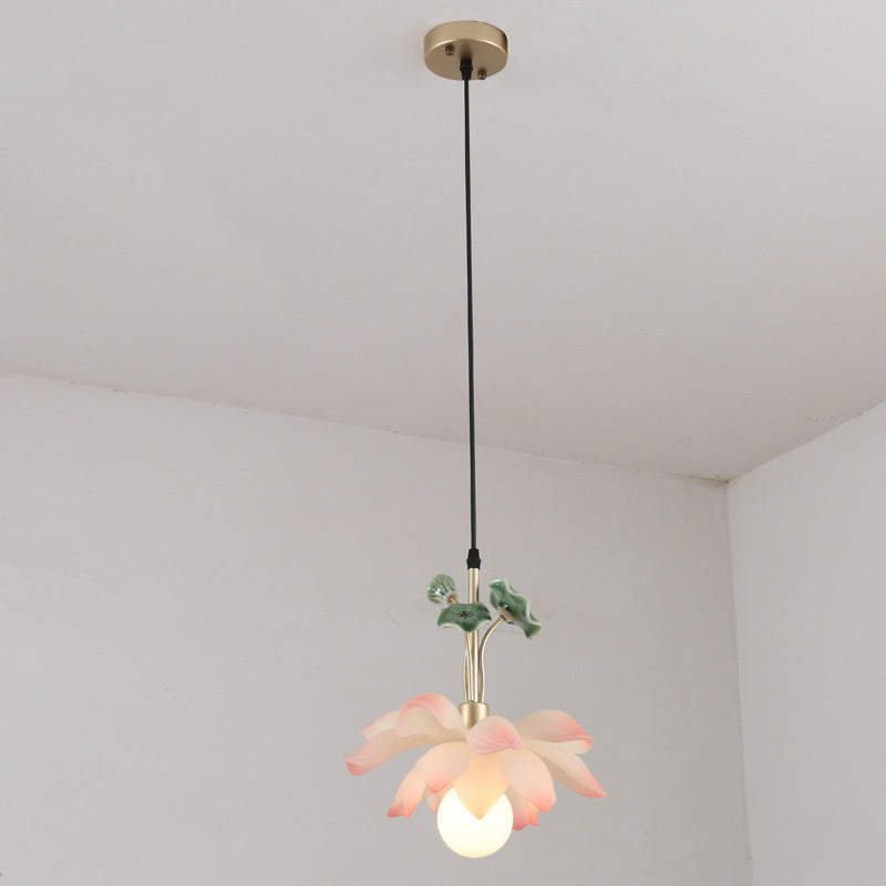 Traditional Chinese Lotus Orb Iron Resin Ceramics 1/3/5 - Light Chandelier For Dining Room